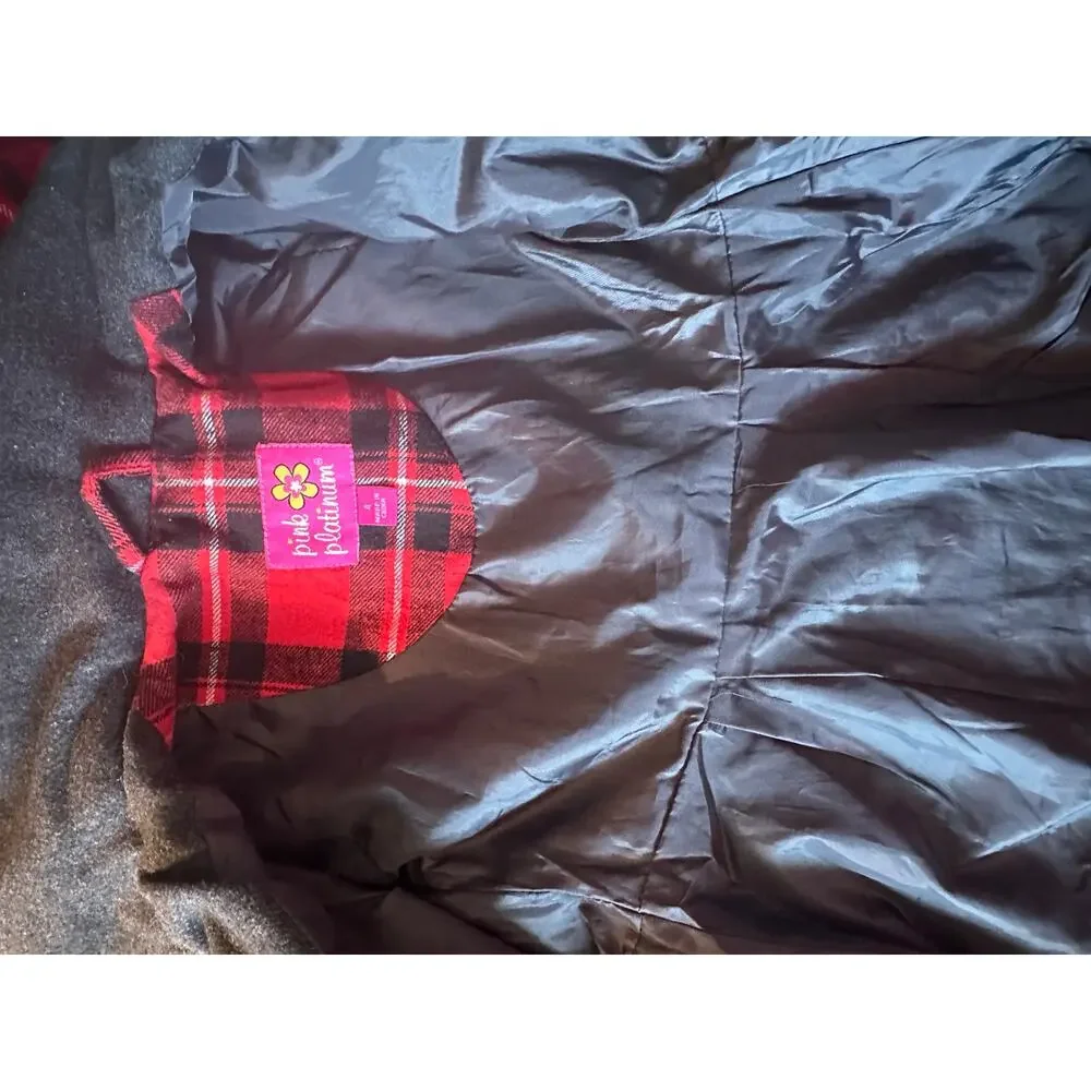 Pink Platinum Girls Charcoal Gray Ruffled Hooded Winter Coat Red Plaid Lining